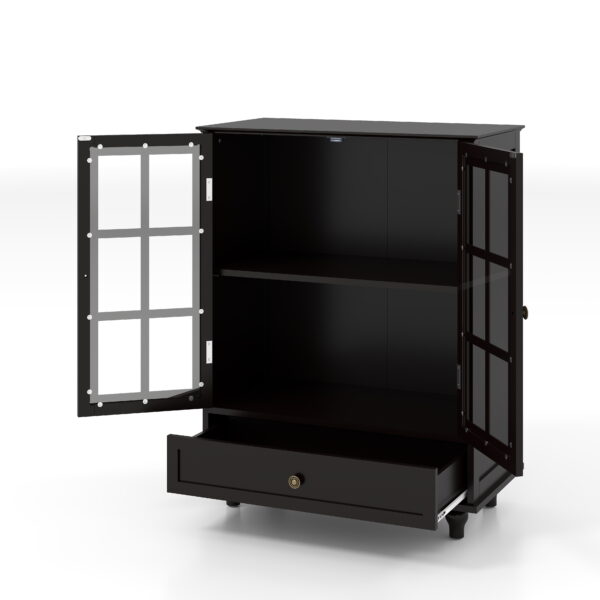 Minimalist Black Buffet Cabinet with Double Glass Doors and Drawer, Modern Wooden Storage Sideboard Cupboard for Living room, Dining Room Hallway Entryway(Black)