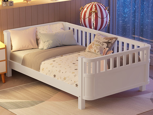 Twin Size Wood Platform Bed for Kids, Wood Low Profile Twin Bed with Rails for Girls and Boys, White (Patented Design)