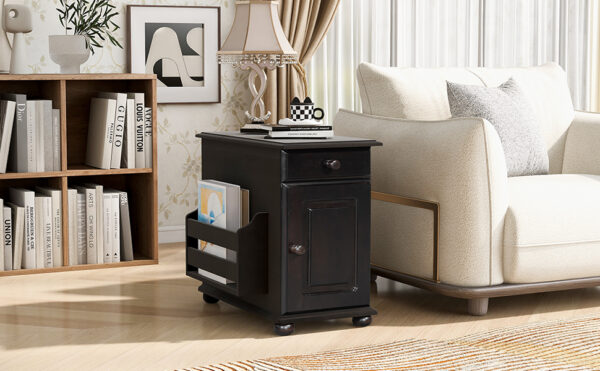 U-Can Vintage End Table Flip Top Side Table with USB Ports, One Multifunctional Drawer with cup holders, Sofa Couch Table with Bookshelf for Living room and Small Space