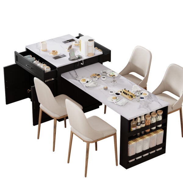 K&K 82.7 inch Kitchen Island with Extendable Dining Table for 4-6 Person,Faux Mable Kitchen Table with Double-sized Storage,Power Outlet,Kitchen island with Storage 2 Drawers 2 Side Open Shelves,Black