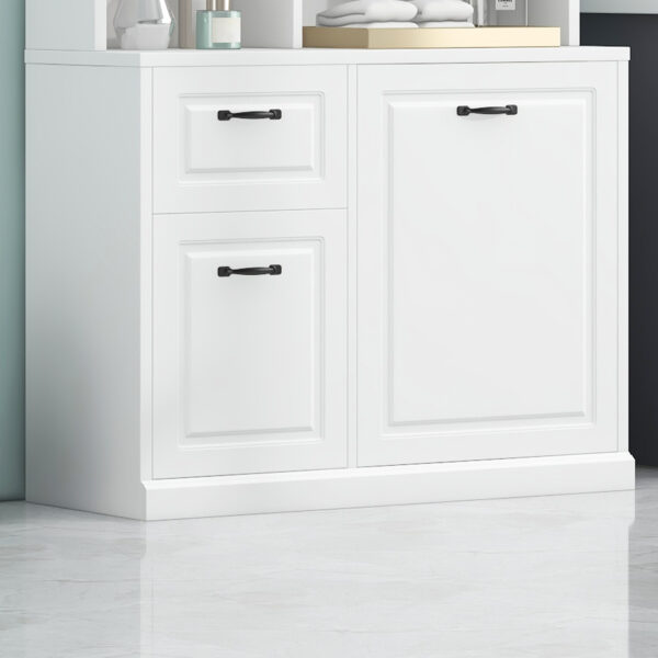 Bathroom Storage Cabinet with Tilt-Out Hamper, 70.9'' Tall Free Standing Organizer with Drawers & Adjustable Shelves, MDF Linen Tower with Steel Handles, White Finish