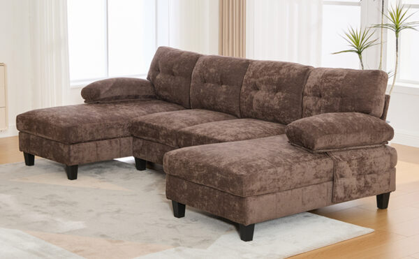 U-shaped Sectional Sofa 103.5" Chenille Fabric Couch with Dual Chaise Lounges, Storage Pockets and Armrest Pillows for Living Room, Brown