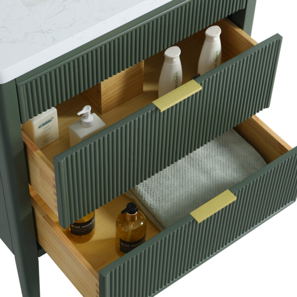 Fully Assembled 30''  Green Freestanding Single Sink Bathroom Vanity with Solid Wood Construction and Engineered Marble Top