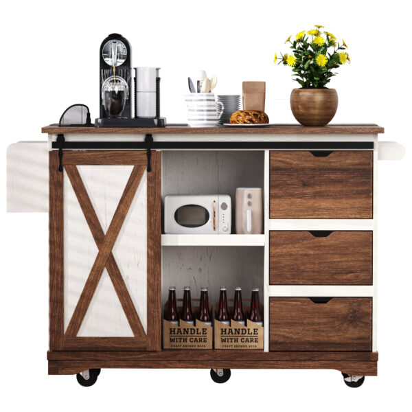 K&K 55.5" Farmhouse Kitchen Island with Drop Leaf, Kitchen Storage Island with Barn Door, Power Outlet, Rolling Kitchen Cart on Wheels with Spice Rack, for Home, Kitchen, Dining Room, White