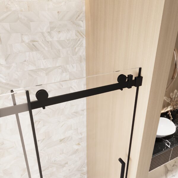 ea16d942d71945e7a3fe9c3f30fa1009_be99ecddd55a255786e689560b2e0e61 Frameless Single sliding shower door 60 "W x 76" H, 1/4 "(6 mm) Clear Tempered Glass, Explosion Proof Film, Stainless Steel Handle Square Tube Track ,Matte Black