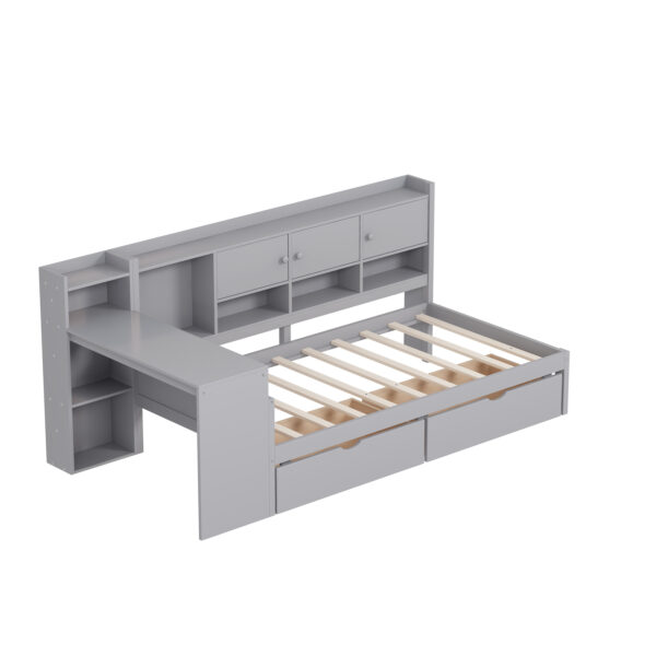 Twin Size Daybed with Storage 3 Cabinets and 2 Drawers, Wooden L-Shape Daybed Frame with Study Desk and Built-in Bookshelf, Multi-functional Bed for Bedroom Guest Room,Gray