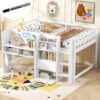 Full Size Low Loft Bed with Built-in Desk,Storage Cabinets and Open Bookcase,Whiteboard for Graffiti,White(ETA:7/8)