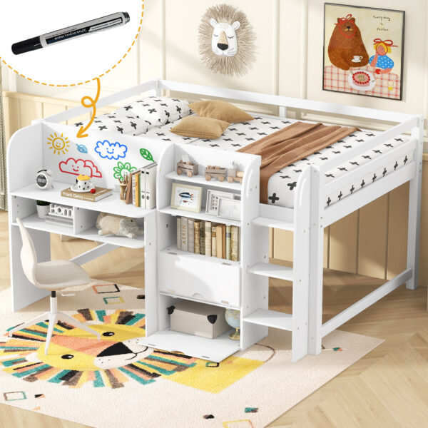 Full Size Low Loft Bed with Built-in Desk,Storage Cabinets and Open Bookcase,Whiteboard for Graffiti,White(ETA:7/8)
