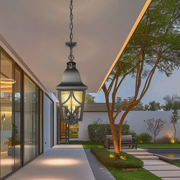 Outdoor Pendant Light Fixture, Modern Black Exterior Hanging Lantern Anti-Rust Metal Hanging Lights with Clear Glass Shade and Adjustable Chain for Porch Foyer Doorway Front Door (1 pack)