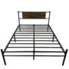 Queen Size Metal Bedframe with Wood Panel Headboard - Black+Brown