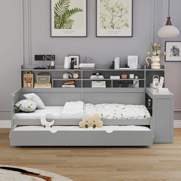 Wooden Twin Size Daybed with Storage Shelves, Multi-functional Bed with Twin Size Trundle Bed and  Study Desk, Gray