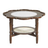 Mid-Century Style Coffee Table with Petal Shape and White Crackle Pattern Glass, 2-Tiered Coffee Table with Rattan, Walnut, 31.5"