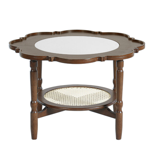 Mid-Century Style Coffee Table with Petal Shape and White Crackle Pattern Glass, 2-Tiered Coffee Table with Rattan, Walnut, 31.5"