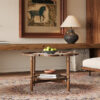 Mid-Century Style Coffee Table with Petal Shape and White Crackle Pattern Glass, 2-Tiered Coffee Table with Rattan, Walnut, 31.5"