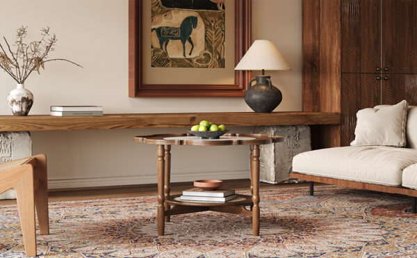 Mid-Century Style Coffee Table with Petal Shape and White Crackle Pattern Glass, 2-Tiered Coffee Table with Rattan, Walnut, 31.5"