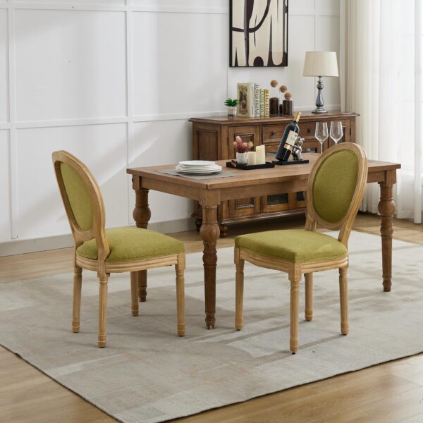 A&A Furniture,French Style Solid Wood Frame Antique Painting Linen Fabric Back Dining Chair,Set of 2,SW1845OL,Olive Green