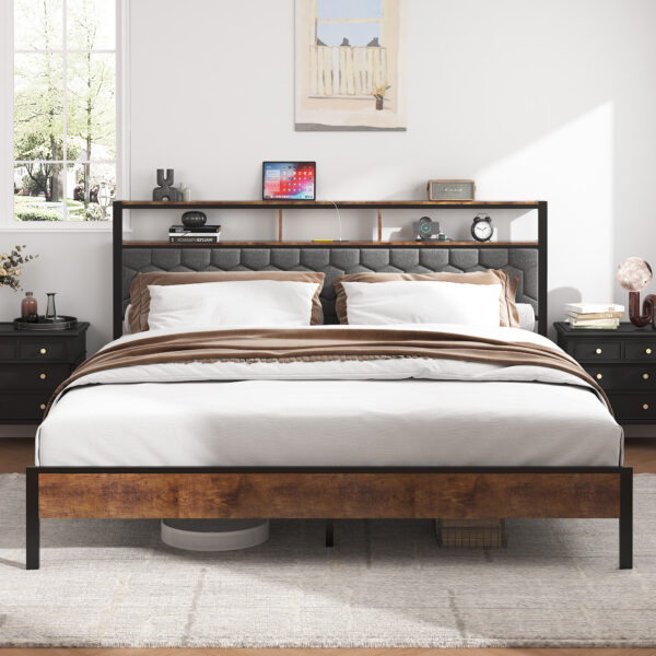 ed55e6cc4a094392b4b60061a4cf2e68_6dd09126e75f173663a30c89c4498835 King size bed, wooden platform bed frame, bedside with soft packaging and 2 USBs, no noise, no need for spring mattresses and simple assembly tools, large storage space under the bed, brown color