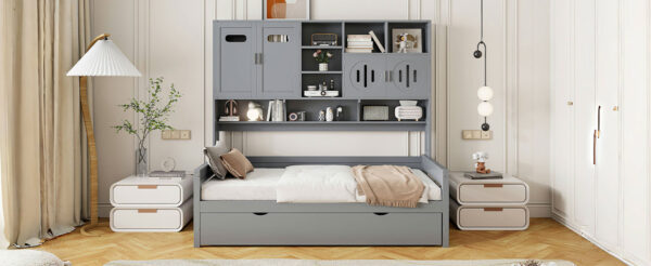 Twin Size Wooden Daybed With Twin Size Trundle, and All-in-One Cabinet and Shelf, Gray