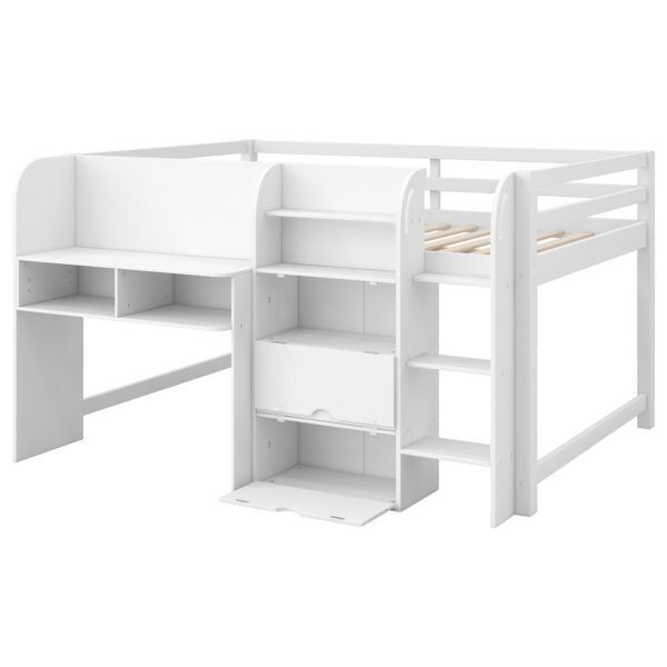Full Size Low Loft Bed with Built-in Desk,Storage Cabinets and Open Bookcase,Whiteboard for Graffiti,White(ETA:7/8)
