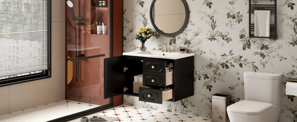 30" Bathroom Vanity with Ceramic Sink, Mid-Century Bathroom Vanity Cabinet with 2 Drawers, Bathroom Vanities Cabinet with Large Storage Space