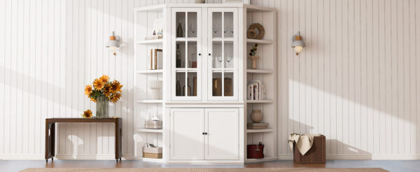 75.25'' Tall Display Cabinet and Two Triangle Sided Bookshelves, 69.25'' Wide Retro Style Wall Suit with Glass Doors, for Hallways, Living room, Office, Studio or Workspace - White