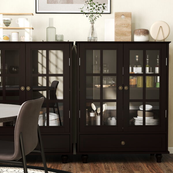 Minimalist Black Buffet Cabinet with Double Glass Doors and Drawer, Modern Wooden Storage Sideboard Cupboard for Living room, Dining Room Hallway Entryway(Black)