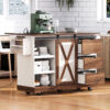 K&K 55.5" Farmhouse Kitchen Island with Drop Leaf, Kitchen Storage Island with Barn Door, Power Outlet, Rolling Kitchen Cart on Wheels with Spice Rack, for Home, Kitchen, Dining Room, White