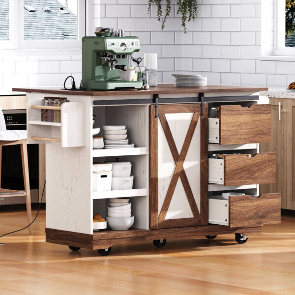 K&K 55.5" Farmhouse Kitchen Island with Drop Leaf, Kitchen Storage Island with Barn Door, Power Outlet, Rolling Kitchen Cart on Wheels with Spice Rack, for Home, Kitchen, Dining Room, White