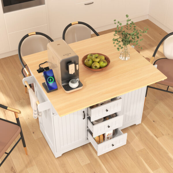 K&K 55.7'' Large Kitchen Island with 2 Drop Leaf,, Rolling Kitchen Cart on 5 Wheels with Power Outlet, Folding Storage Dining Table with Spice & Towel Rack , 3 Drawers, for Kitchen, Dining Room,White
