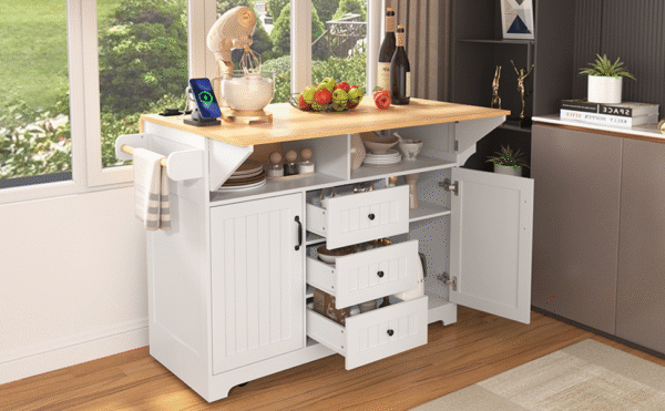 K&K 55.7'' Large Kitchen Island with 2 Drop Leaf,, Rolling Kitchen Cart on 5 Wheels with Power Outlet, Folding Storage Dining Table with Spice & Towel Rack , 3 Drawers, for Kitchen, Dining Room,White