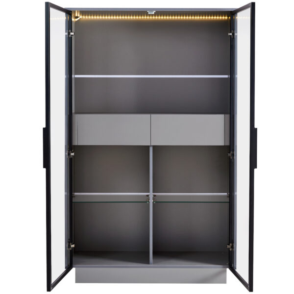60.6'' Freestanding Display Cabinet with 2 Storage Drawers, Pantry with Glass Doors & LED Lighting, Modern China Cabinet with Adjustable Shelves for Hallways, Kitchen, Livingroom & Office - Grey