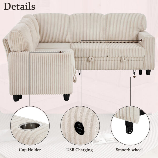 L-Shaped Sectional Sofa Bed with Pull-Out Bed & Storage, 5-Seat Sleeper Couch with USB Charging, Convertible Design for Living Room, Apartment, Corduroy Fabric, Beige