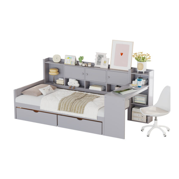 Twin Size Daybed with Storage 3 Cabinets and 2 Drawers, Wooden L-Shape Daybed Frame with Study Desk and Built-in Bookshelf, Multi-functional Bed for Bedroom Guest Room,Gray