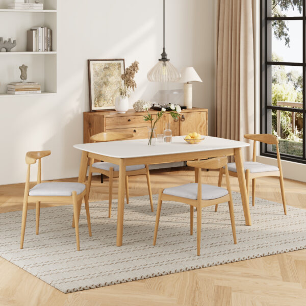 5-Piece Mid-Century Modern Dining Set - Solid Wood Frame Table + 4 Beige Upholstered Chairs(White Oak+Beige)