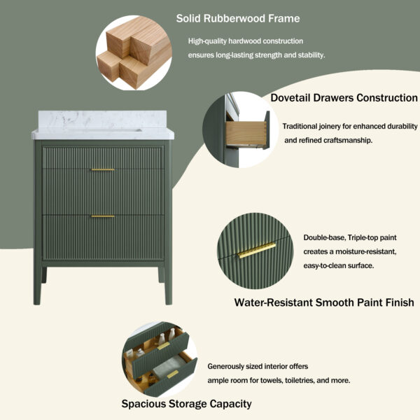 Fully Assembled 30''  Green Freestanding Single Sink Bathroom Vanity with Solid Wood Construction and Engineered Marble Top