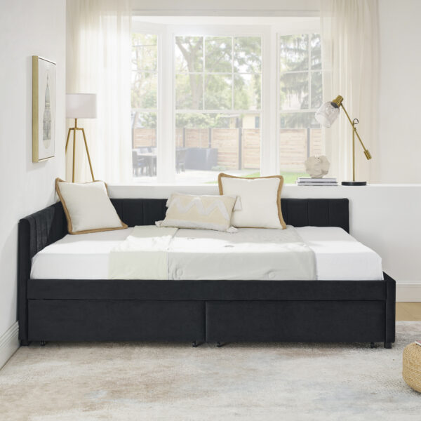 f34cb93ed2a24fcbbea2091f20ef088a_7ebc905bdf142d7d884e525c3febaf50 Full Size Upholstered Tufted Bed Frame with Two Drawers, Sofa Bed Frame with Comfortable Backrest and Armrests, Velvet, Black(79.5''x58''x25'')