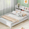 Wood Full Size Platform Bed with Built-in LED Light, Storage Headboard and Guardrail, White
