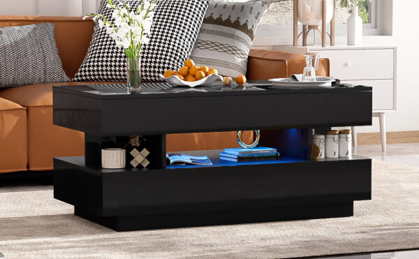 U-Can Lift-Top Coffee Table with 2 Drawers, Modern Coffee Table with Adequate Hidden Compartment, Multi-Functional Lift-Top Coffee Table with High-Gloss Finish for Living Room