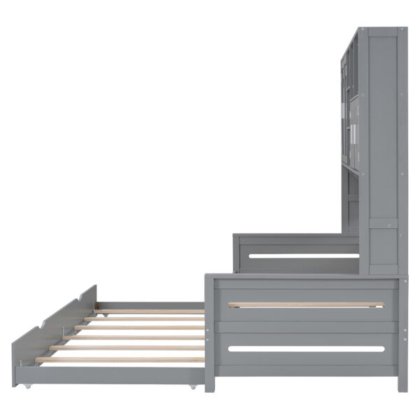 Twin Size Wooden Daybed With Twin Size Trundle, and All-in-One Cabinet and Shelf, Gray