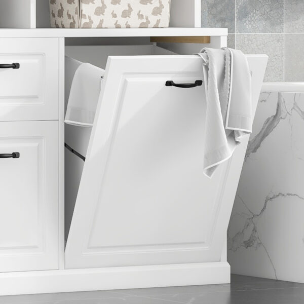Bathroom Storage Cabinet with Tilt-Out Hamper, 70.9'' Tall Free Standing Organizer with Drawers & Adjustable Shelves, MDF Linen Tower with Steel Handles, White Finish