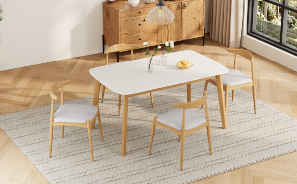 5-Piece Mid-Century Modern Dining Set - Solid Wood Frame Table + 4 Beige Upholstered Chairs(White Oak+Beige)