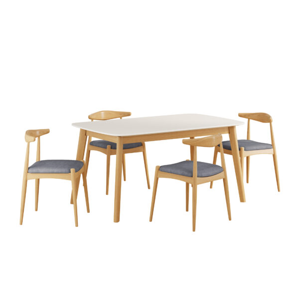 5-Piece Mid-Century Modern Dining Set - Solid Wood Frame Table + 4 Beige Upholstered Chairs(White Oak+Gray)