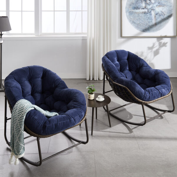Outdoor Rattan Rocking Chair,Padded Cushion Rocker Recliner Chair Outdoor for Front Porch, Living Room, Patio, Garden, Navy blue