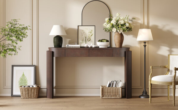 TREXM Entryway Table with Natural Wood Grain Finish, Console Table with Fluted Design, Oval Top and 2 Drawers for Entryway and Living Room (Espresso)
