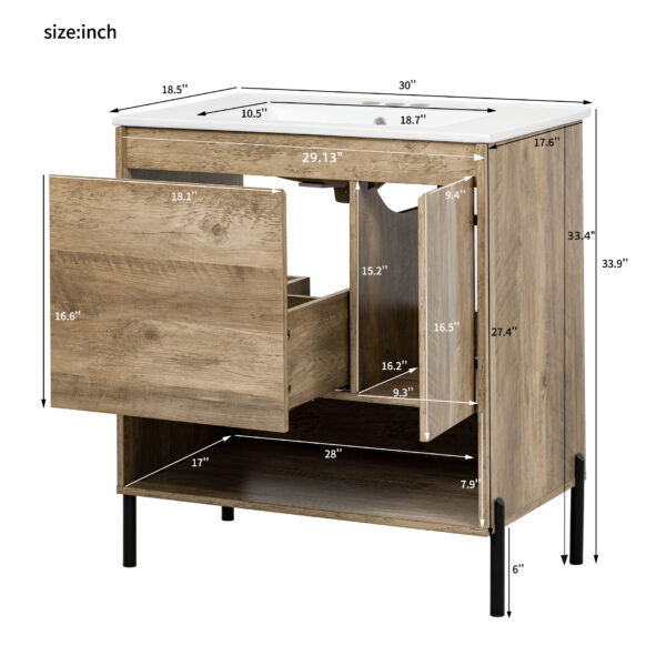 30" Modern Wood Fixture Bathroom Vanity, Bathroom Cabinet with Sliding Drawer, Bathroom Storage Cabinet with Ceramic Basin Sink Top, Single Bathroom Vanities Cabinet with Doors and Open Shelf