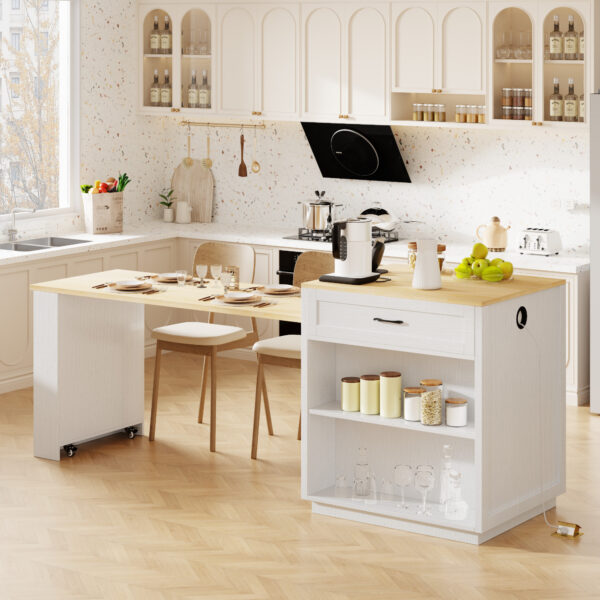 K&K 82.7 inch Kitchen Island with Extendable Dining Table for 4-6 Person,Two-tone Kitchen Table with Double-sized Storage, Power Outlet, Kitchen island with Storage 2 Drawers 2 Side Open Shelves,White