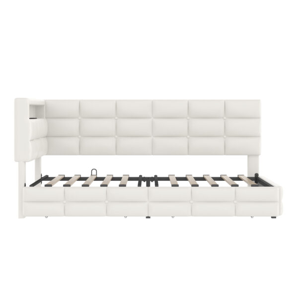 Upholstered Twin Size Daybed with Storage 2 Drawers and Charging Station, Day Bed Frame with LED Lights and Storage Headboard, No Box-Spring Needed, Beige