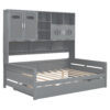 Full Size Wooden Daybed With Twin Size Trundle, and All-in-One Cabinet and Shelf, Gray