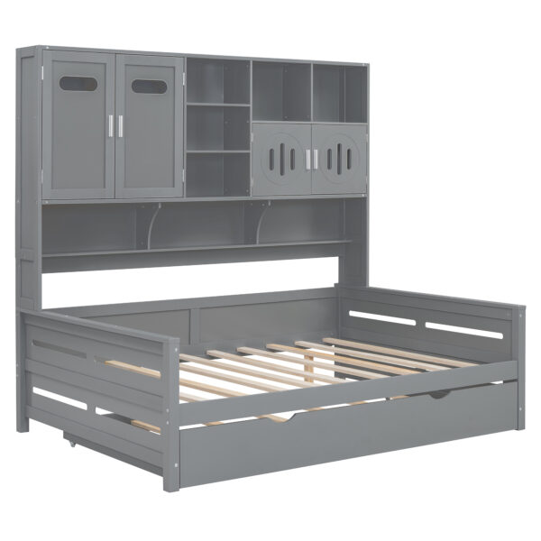 Full Size Wooden Daybed With Twin Size Trundle, and All-in-One Cabinet and Shelf, Gray