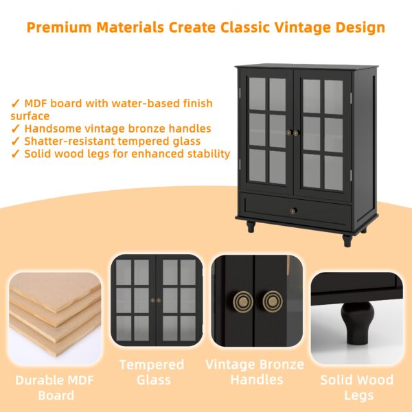 Minimalist Black Buffet Cabinet with Double Glass Doors and Drawer, Modern Wooden Storage Sideboard Cupboard for Living room, Dining Room Hallway Entryway(Black)